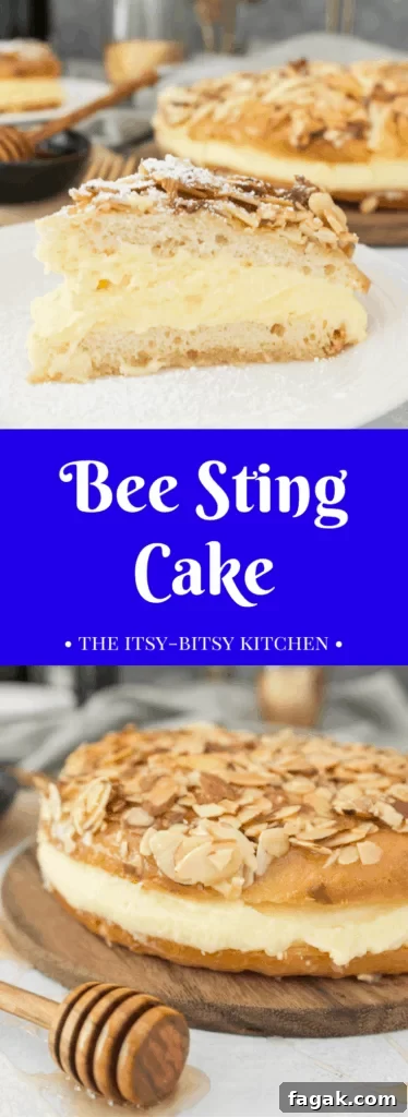 pinterest image for bee sting cake with text overlay