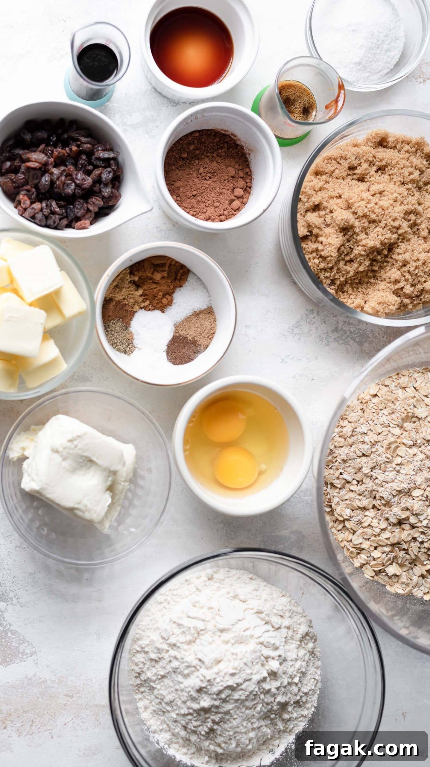 ingredients in bowls for chai oatmeal cookies 