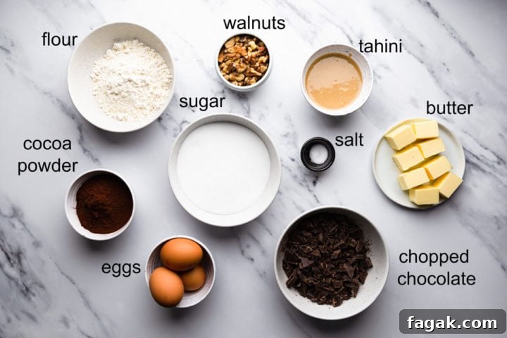 top view of the ingredients for tahini brownies with labels