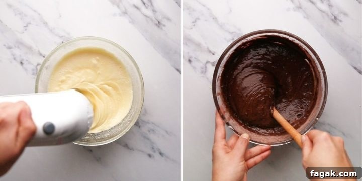side by side overhead view of a bowl with egg mixture and brownie mixture