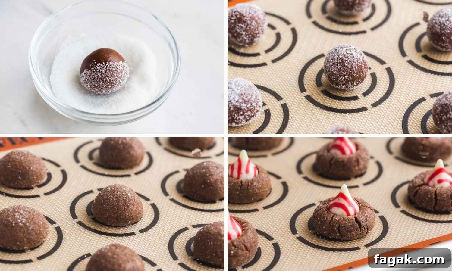 Steps showing how to make Chocolate Peppermint Kiss Cookies