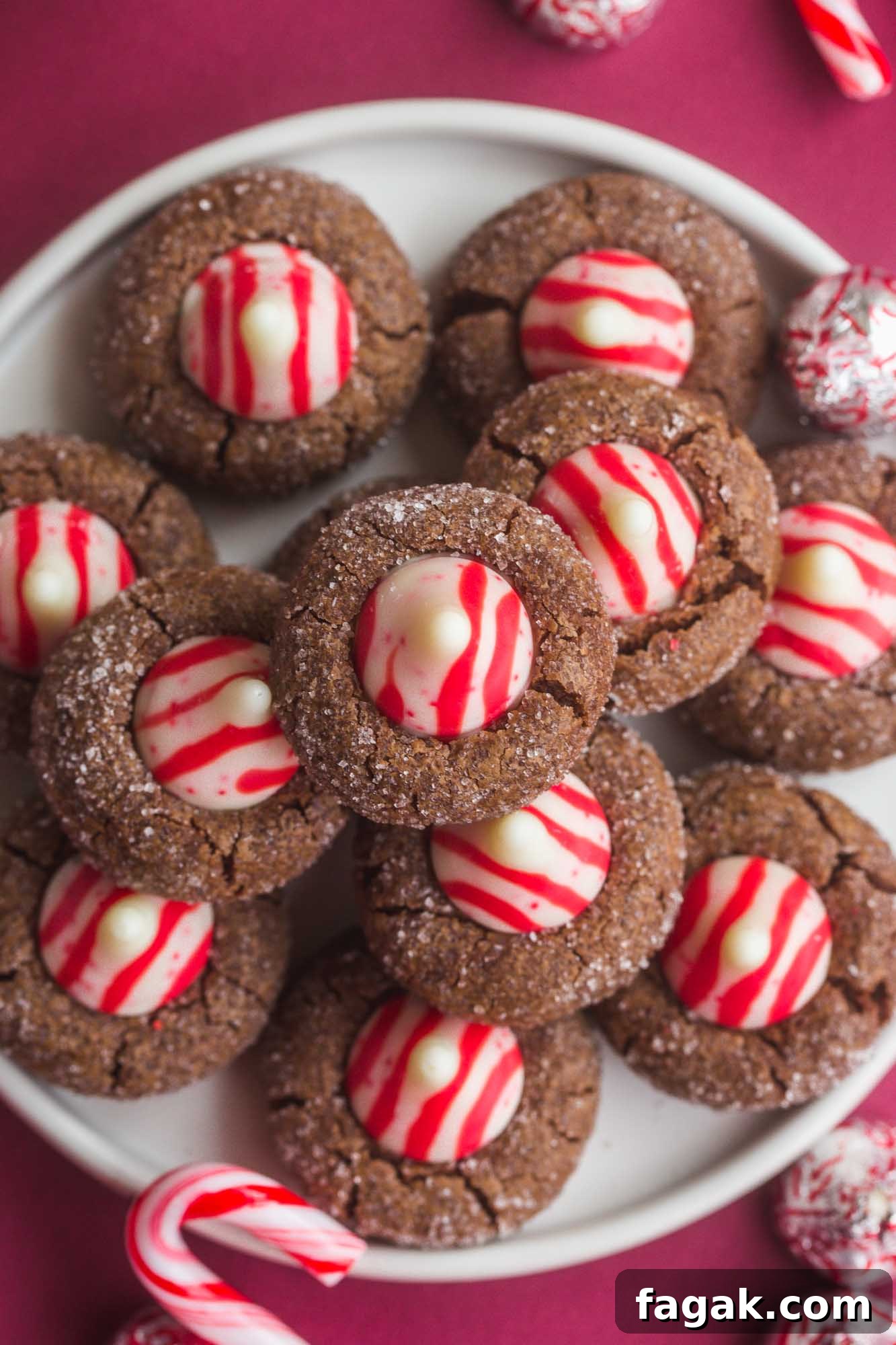 Chocolate Peppermint Kiss Cookies in a white plate