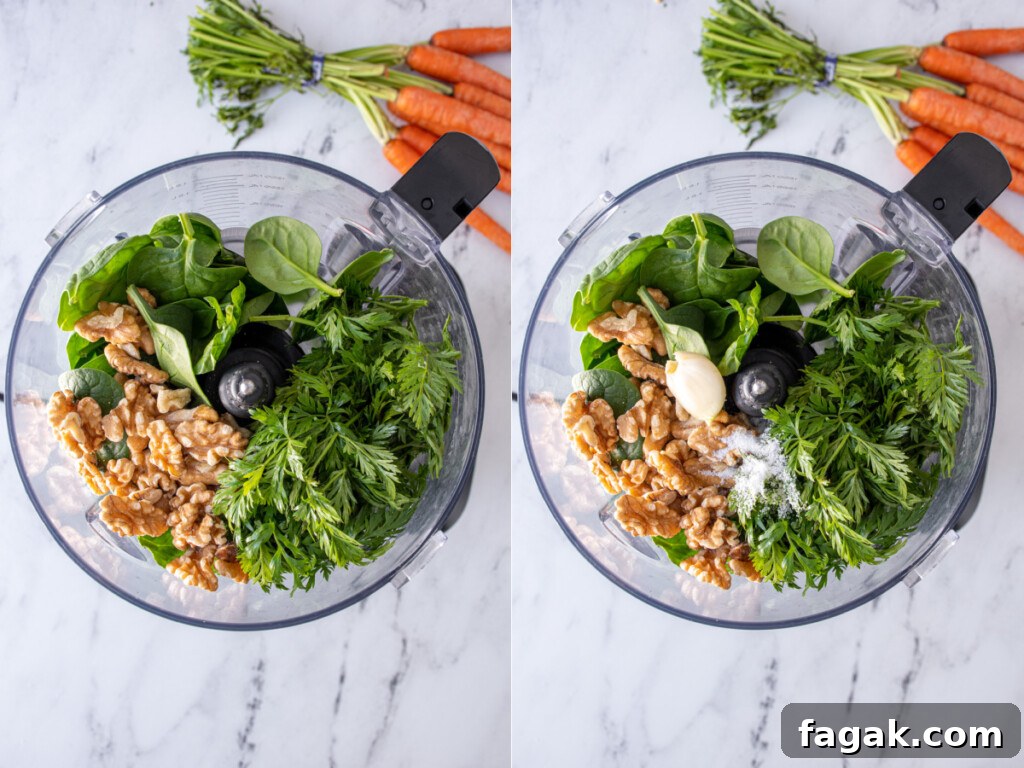 Steps showing adding walnuts, garlic, and salt to a food processor before making carrot top pesto.
