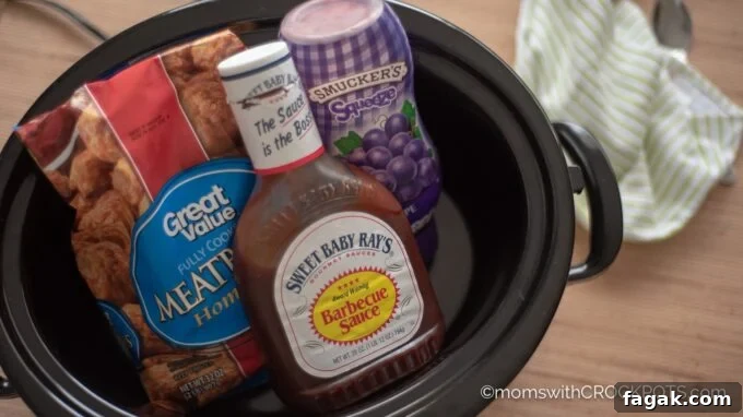 Grape Jelly Meatball Ingredients in crockpot