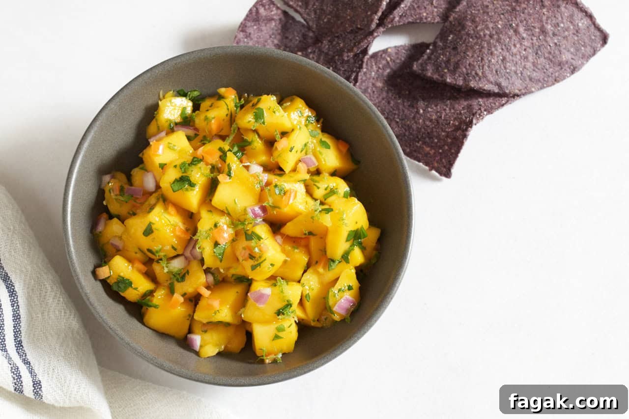 A bowl of mango habanero salsa surrounded by blue corn tortilla chips.
