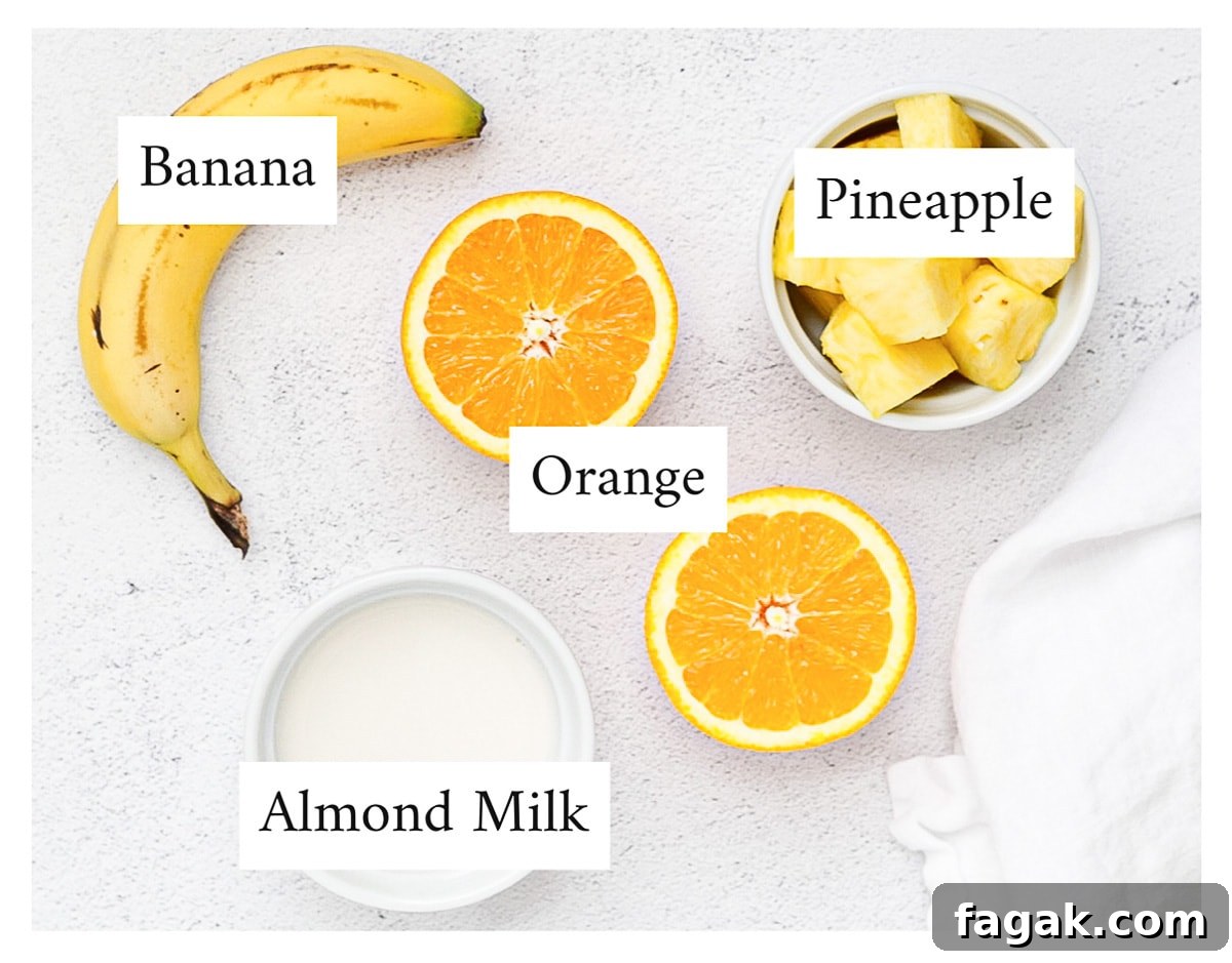 A labeled picture of banana, pineapple, orange, and almond milk.