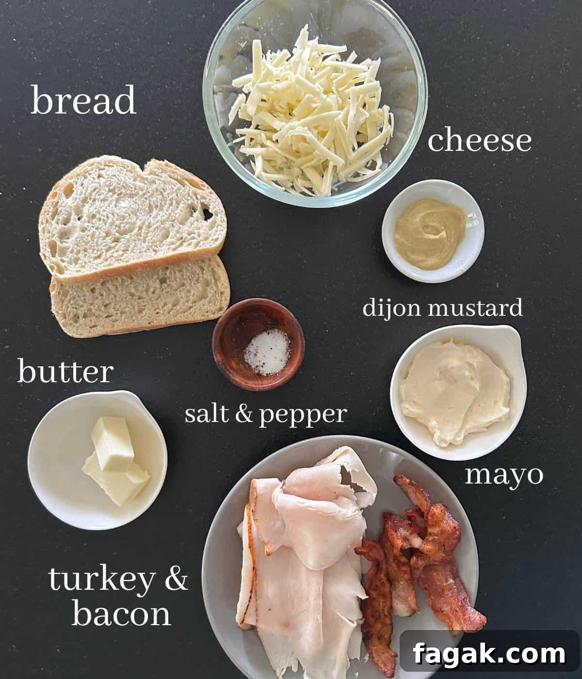Crispy Bacon Turkey Melt with Cheddar and Garlic Aioli 3 Ingredients for turkey melt on countertop.