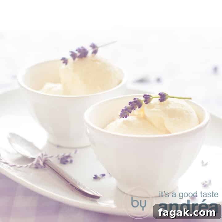 Two white bowls with lavender ice cream, a sprig on top. On a white dish with a spoon on the left. Standing on a checkered tablecloth