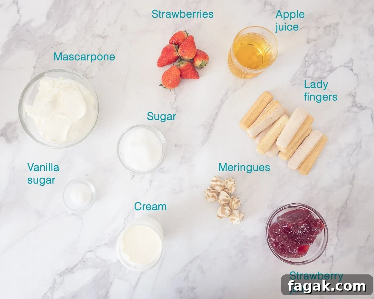 Ingredients Strawberry Tiramisu without Raw Eggs, individually labeled on a white marbled background