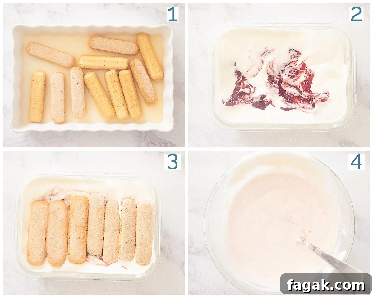 4 collage photo preparation Strawberry tiramisu without alcohol