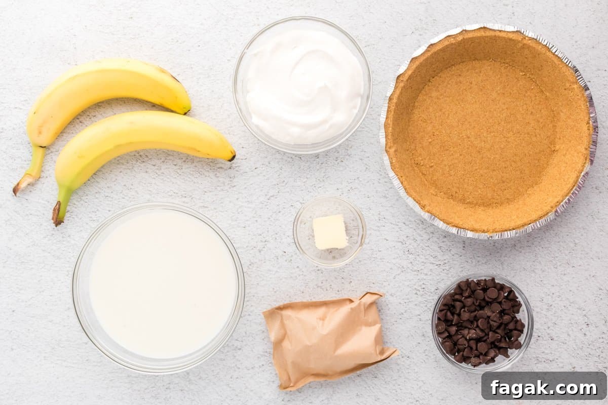 overhead view of ingredients for banana fudge pie.