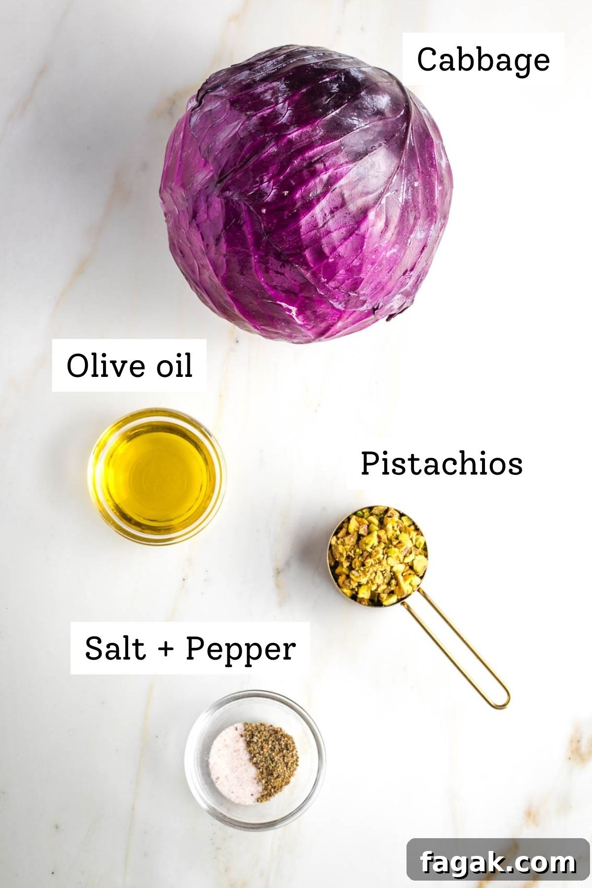 Crispy Oven-Roasted Red Cabbage with Balsamic Glaze 3 Labeled ingredients: whole head of purple cabbage, olive oil. pistachios, salt + pepper.