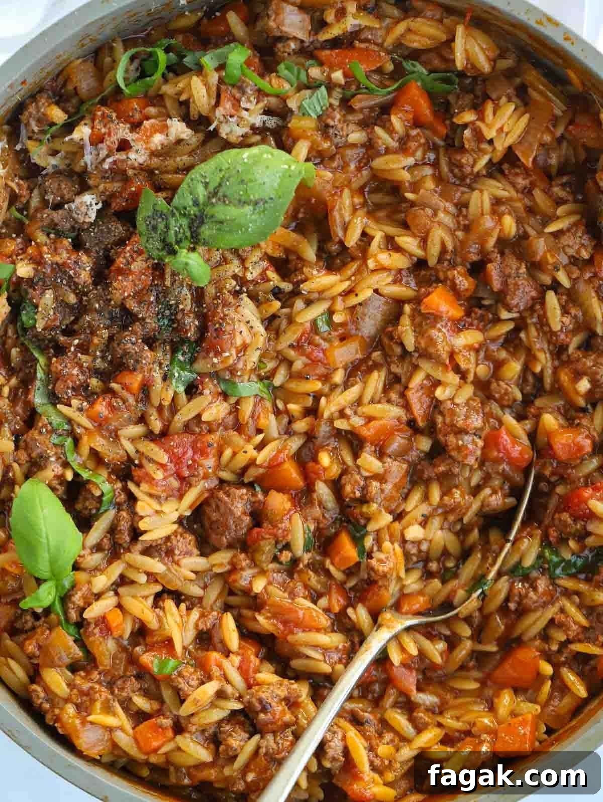 One-Pot Orzo Bolognese Recipe: Hearty Weeknight Dinner 2 A big one pan dish of Orzo Bolognese.