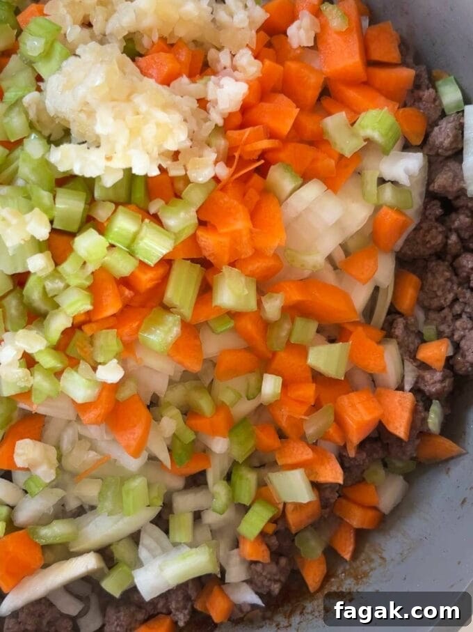 One-Pot Orzo Bolognese Recipe: Hearty Weeknight Dinner 5 A pan filled with carrots, celery, onion, mince beef and garlic.