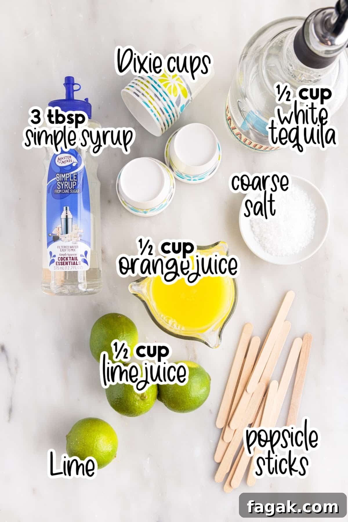 Individual ingredients for margarita popsicles with text and amount labels: limes, popsicle sticks, simple syrup, salt, orange juice, tequila, and Dixie cups.