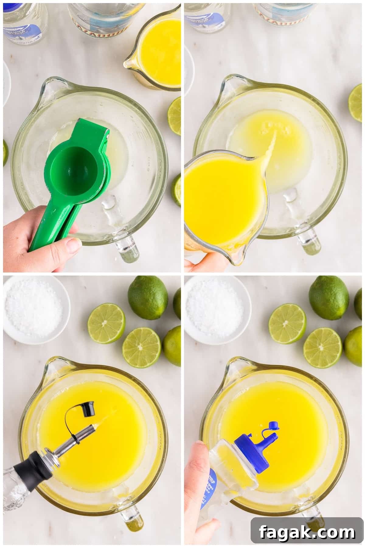 Collage of lime juice, orange juice, tequila, and simple syrup each added to measuring cup.