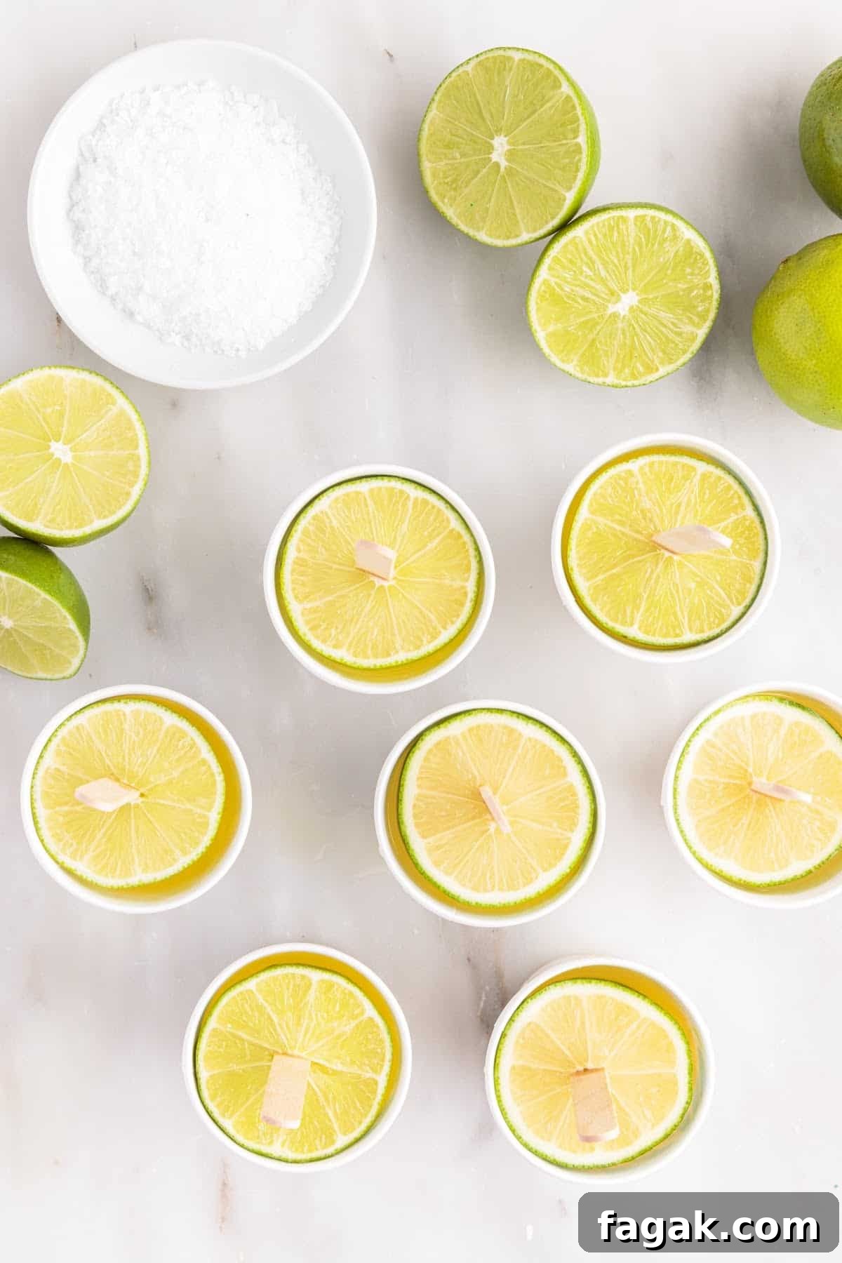 Lime wheels on popsicle sticks topping each cup of margarita popsicle.