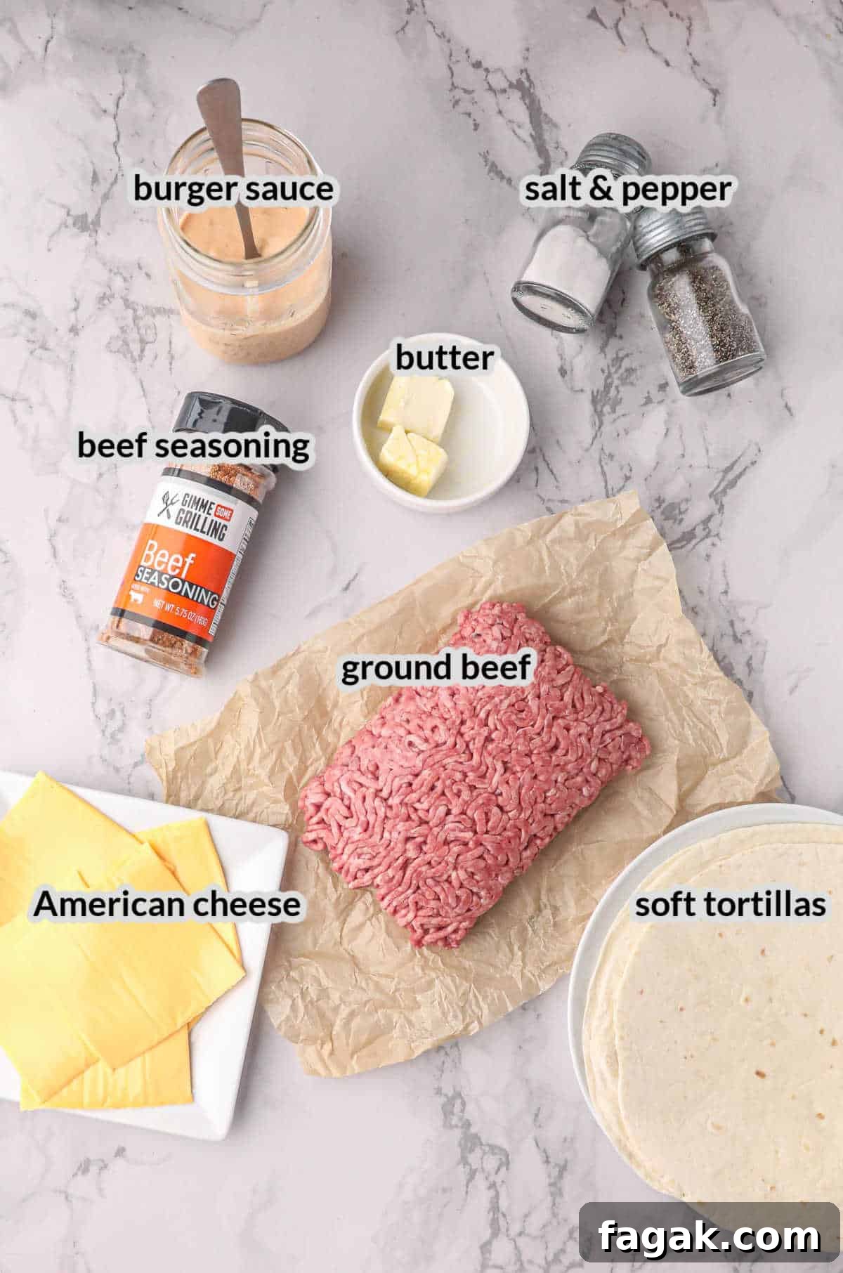 Overhead Image of Blackstone Smash Burger Tacos Ingredients