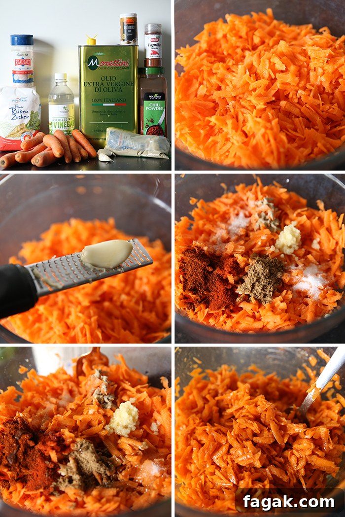 6-photo picture collage of step-by-step photos of how to make carrot kimchi.