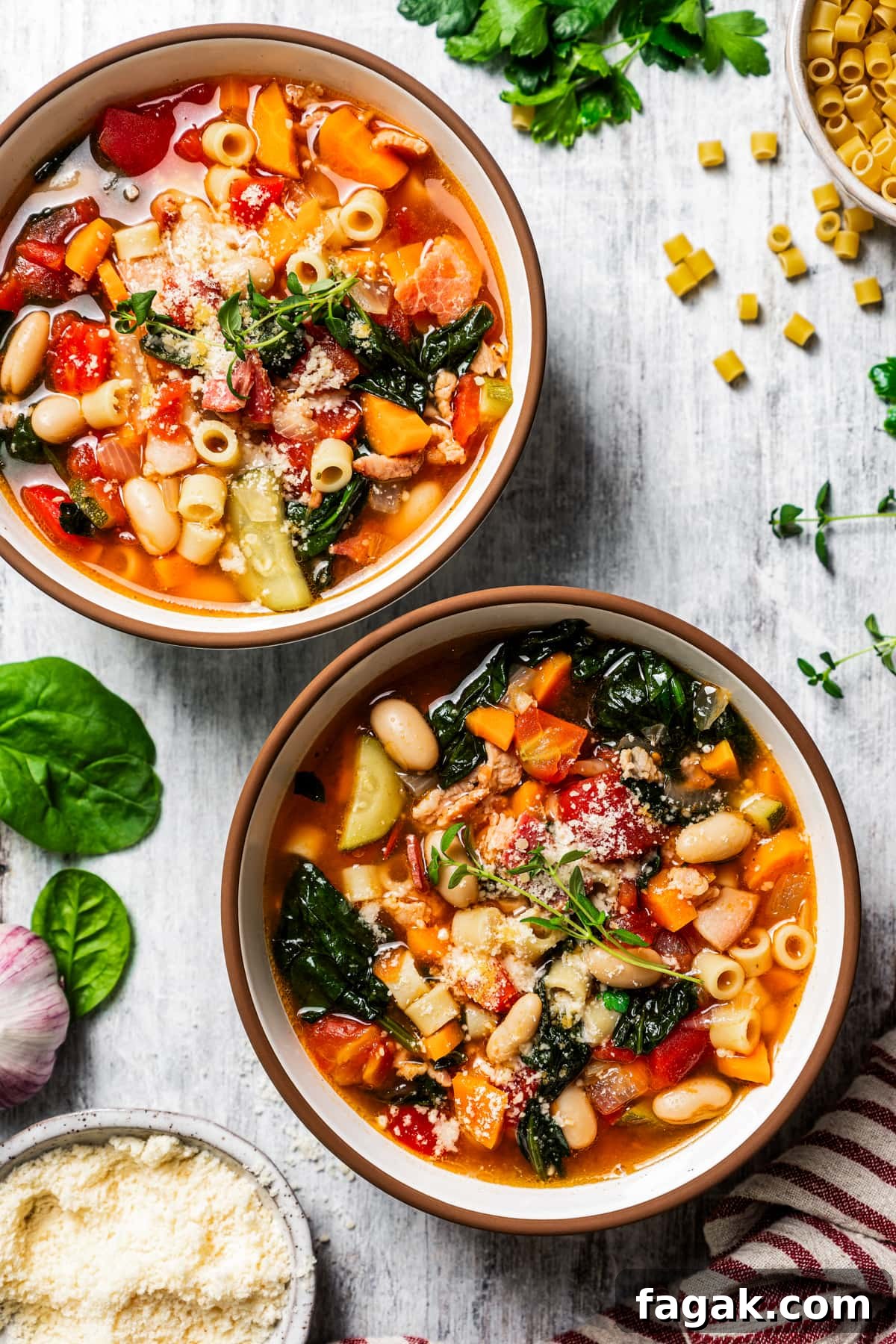 Two bowls of minestrone soup topped with grated parmesan cheese.