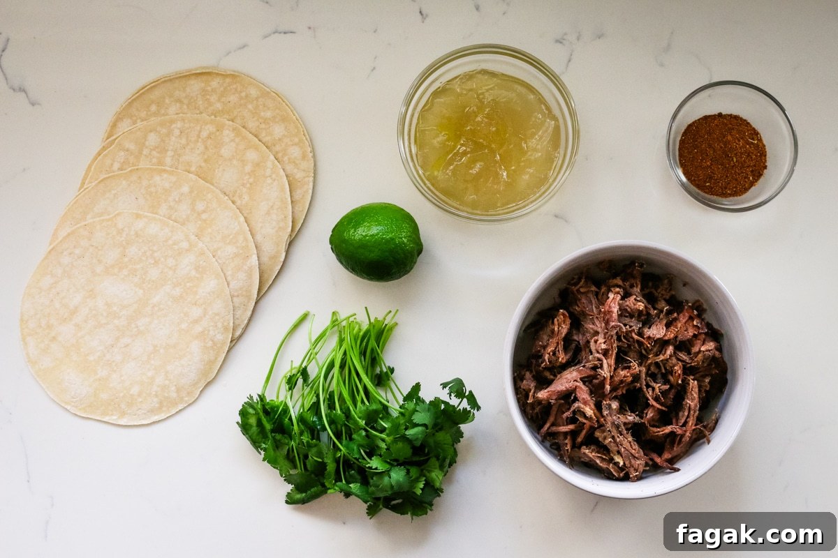 Slow-Braised Chuck Roast Tacos with Salsa Verde 4 Ingredients for roast tacos on the table.