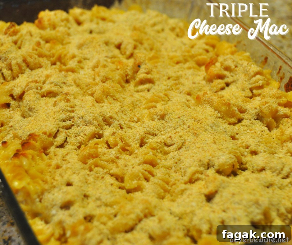 Triple Cheese Macaroni and Cheese Recipe: Creamy 3-Cheese Bake 2 Triple cheese mac is a baked mac and cheese recipe made with three kinds of cheese - cheddar, American, and Parmesan - then topped with breadcrumbs and baked to a bubbly 3-cheese mac and cheese.