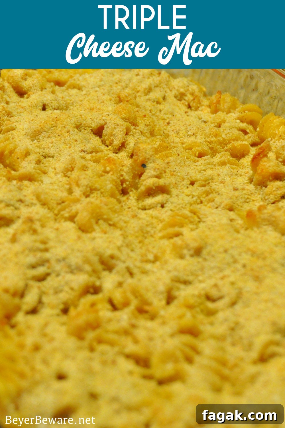 Triple Cheese Macaroni and Cheese Recipe: Creamy 3-Cheese Bake 3 Triple cheese mac is a baked mac and cheese recipe made with three kinds of cheese - cheddar, American, and Parmesan - then topped with breadcrumbs and baked to a bubbly 3-cheese mac and cheese.