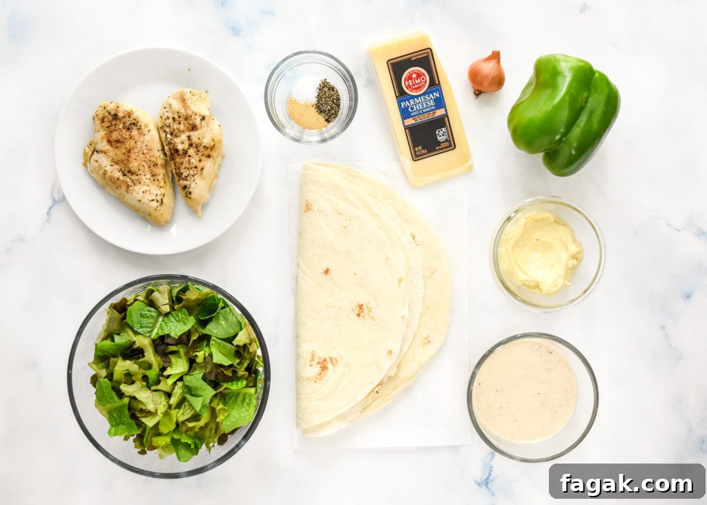 ingredients needed to make the caesar chicken salad lunch wraps.
