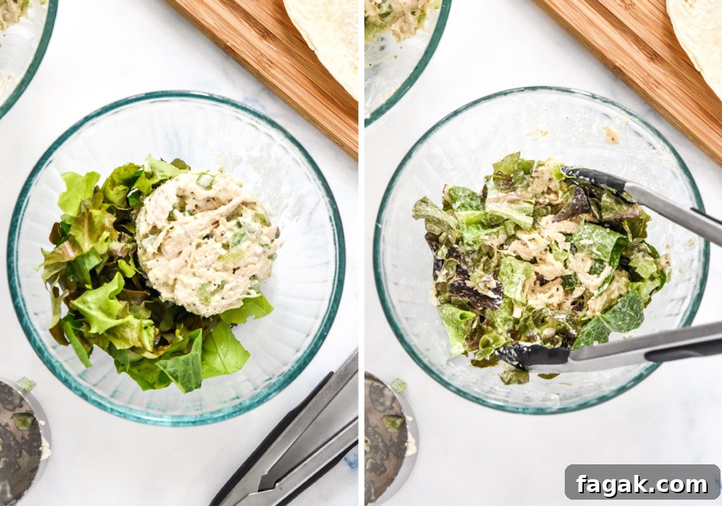 before and after of tossing greens and chicken salad together in a bowl.