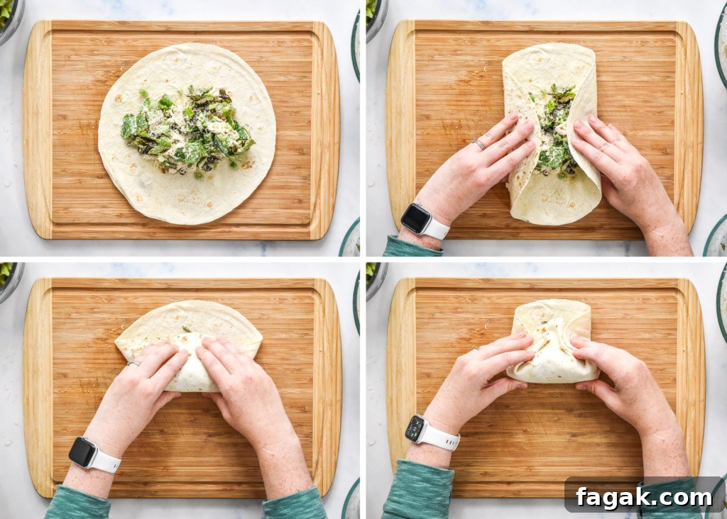 step by step of rolling the caesar chicken salad lunch wraps.