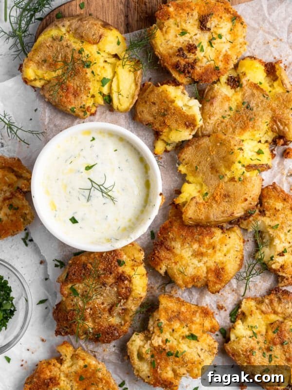 Crispy smashed potatoes garnished with herbs are spread on parchment paper. A small bowl of creamy dip, garnished with dill, is placed to the side. Fresh dill and chopped herbs are scattered around, enhancing the rustic presentation.