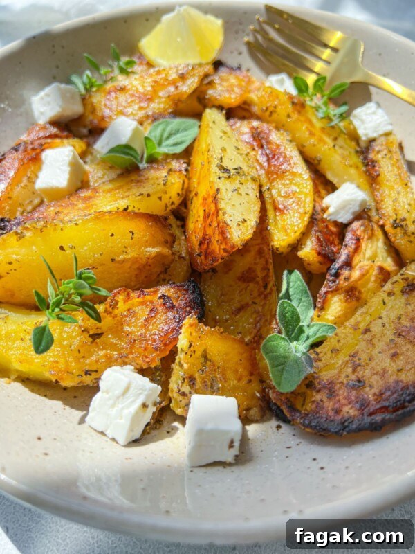 A bowl of golden Greek Lemon Potatoes wedges garnished with fresh herbs, lemon wedges, and small cubes of feta cheese, with a gold fork resting on the side.