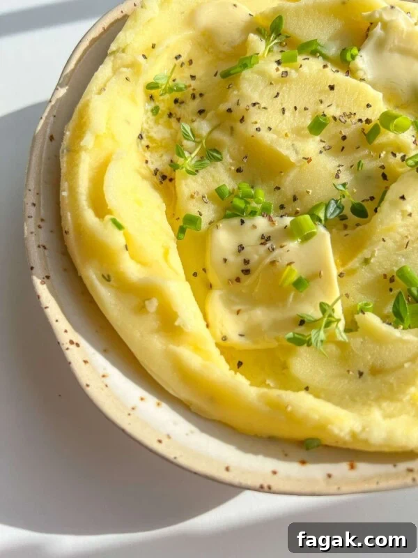A bowl of creamy roasted garlic mashed potatoes topped with butter, chopped chives, fresh herbs, and cracked black pepper, served in a speckled ceramic dish under bright natural light.