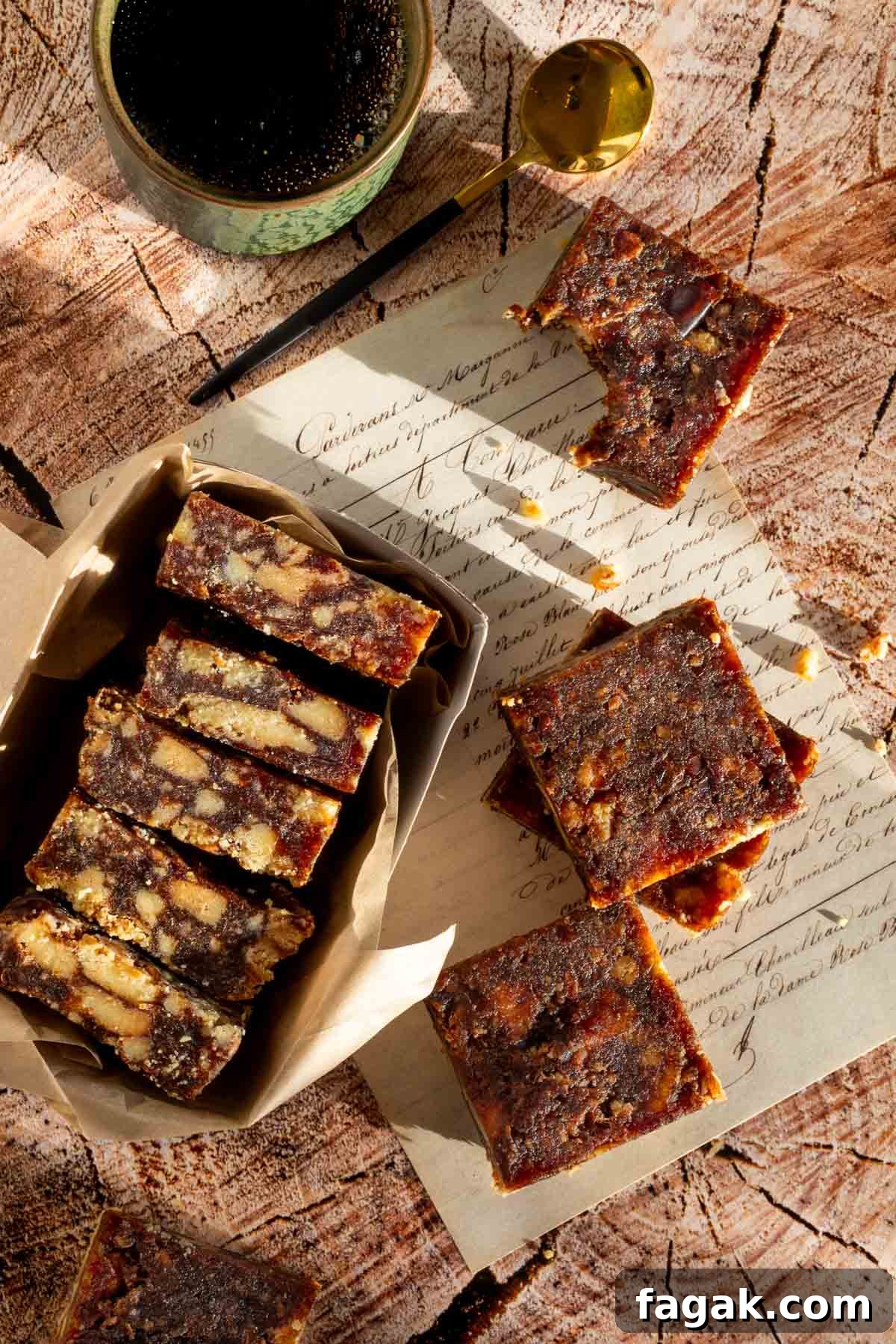 Date squares on a wooden background with a cup of coffee.