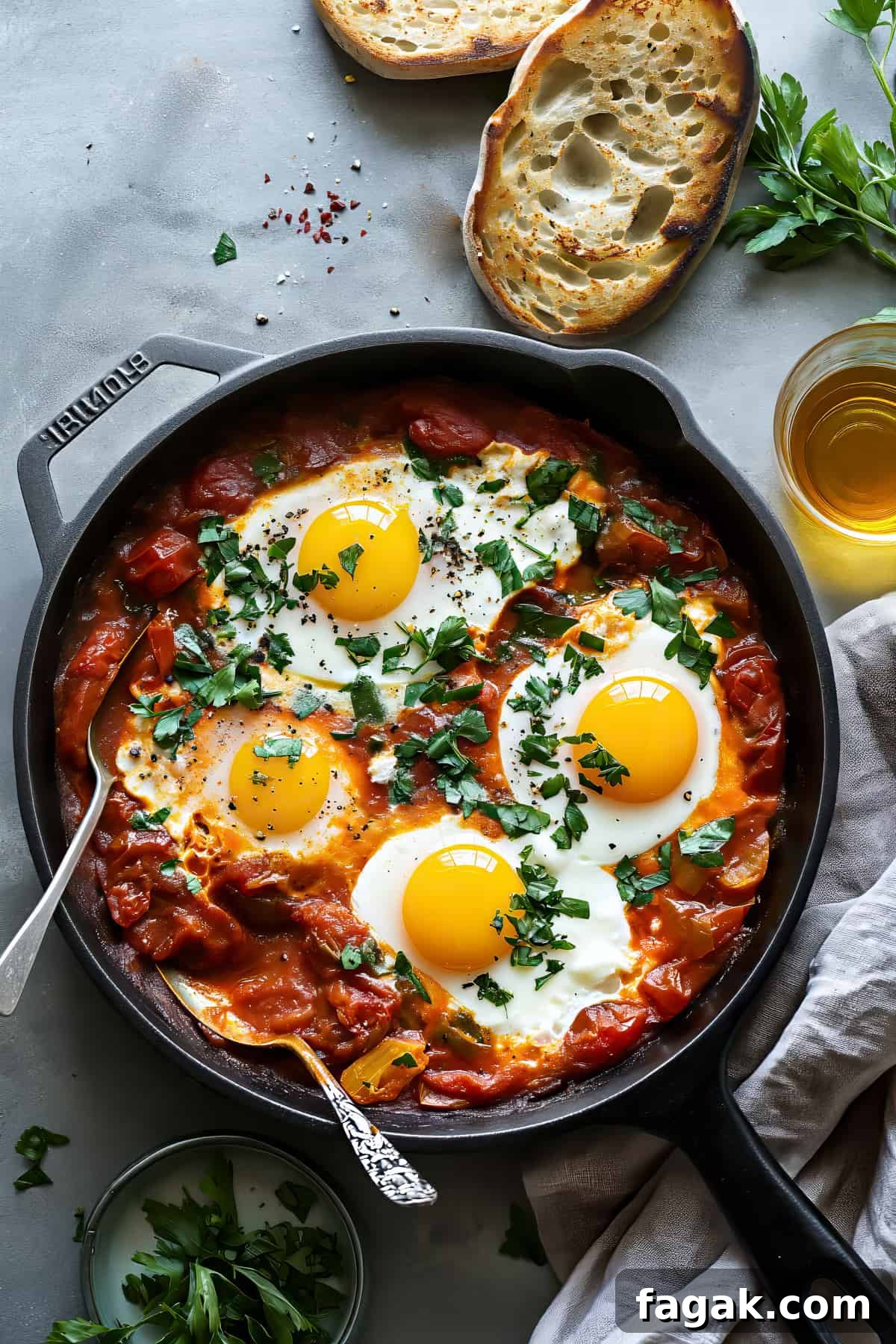 Shakshuka baked eggs with tomatoes and fresh herbs in a skillet.