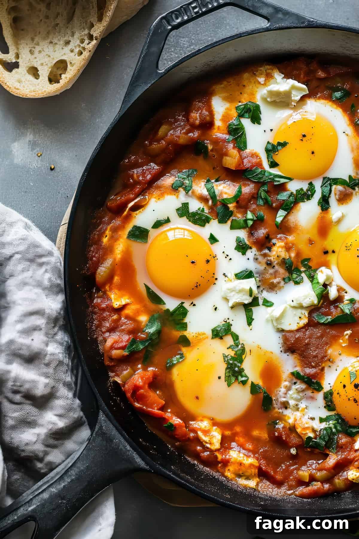 Shakshuka baked eggs with tomatoes and fresh herbs in a skillet.