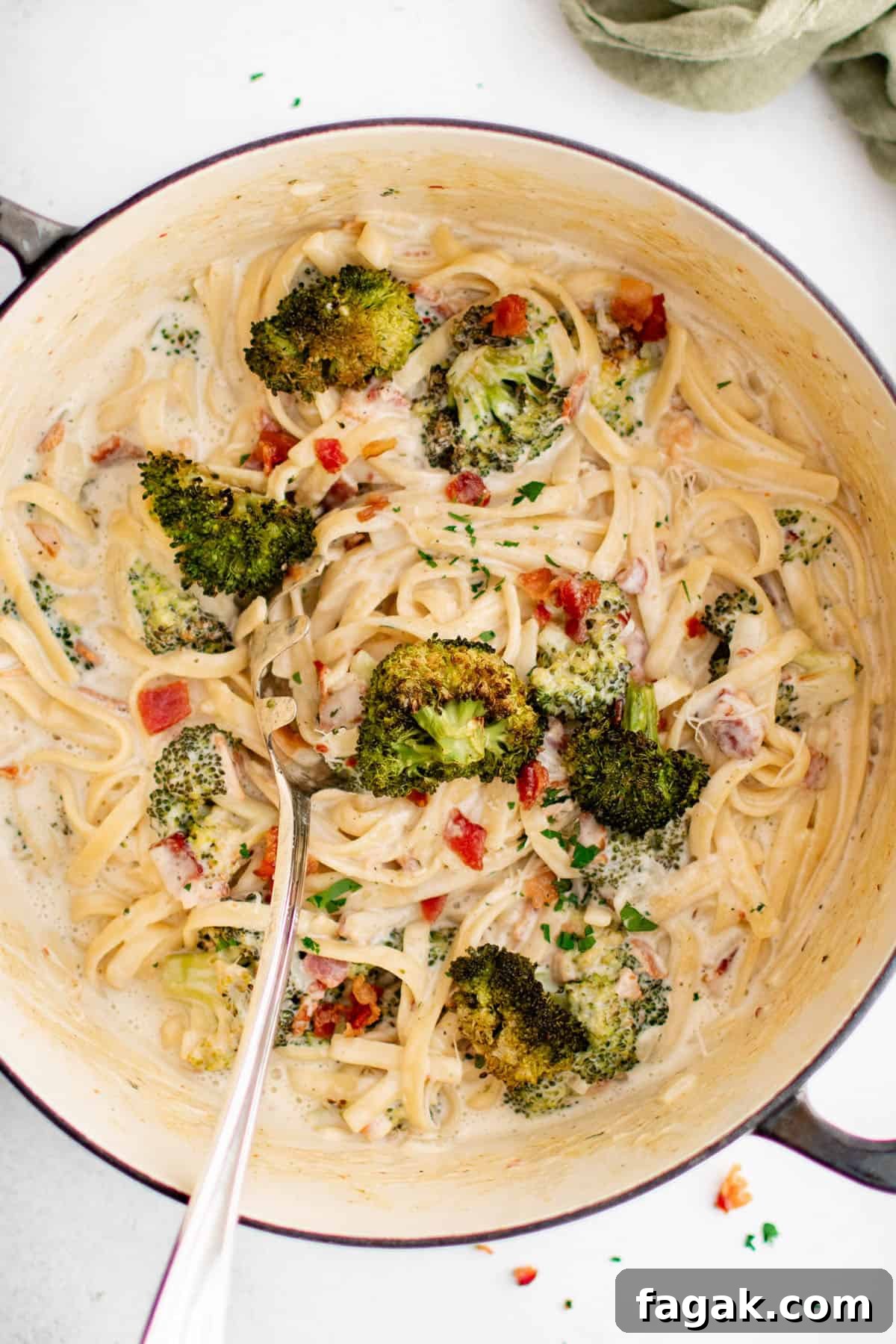 creamy bacon roasted broccoli pasta 
in a pot