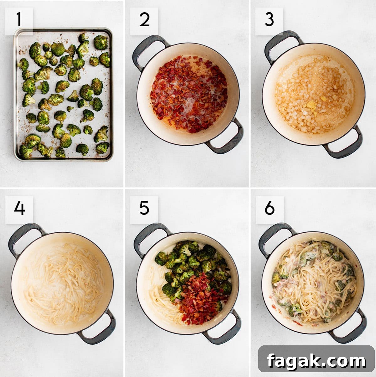 six panel collage image showing the process of making creamy bacon roasted broccoli pasta