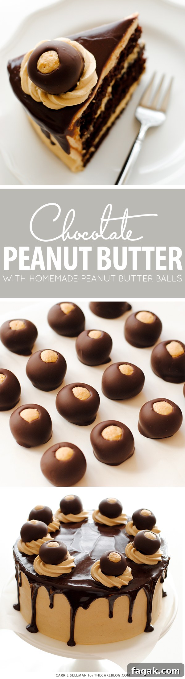 Decadent Chocolate Cake with Peanut Butter Frosting 2 Chocolate Peanut Butter Cake - moist chocolate cake paired with peanut butter frosting and filling, topped with drippy chocolate ganache and homemade peanut butter balls, aka buckeyes | Carrie Sellman for TheCakeBlog.com