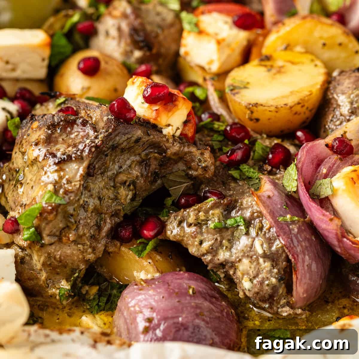closeup: Greek lamb with roasted potatoes and onions with pomegranate seeds on top