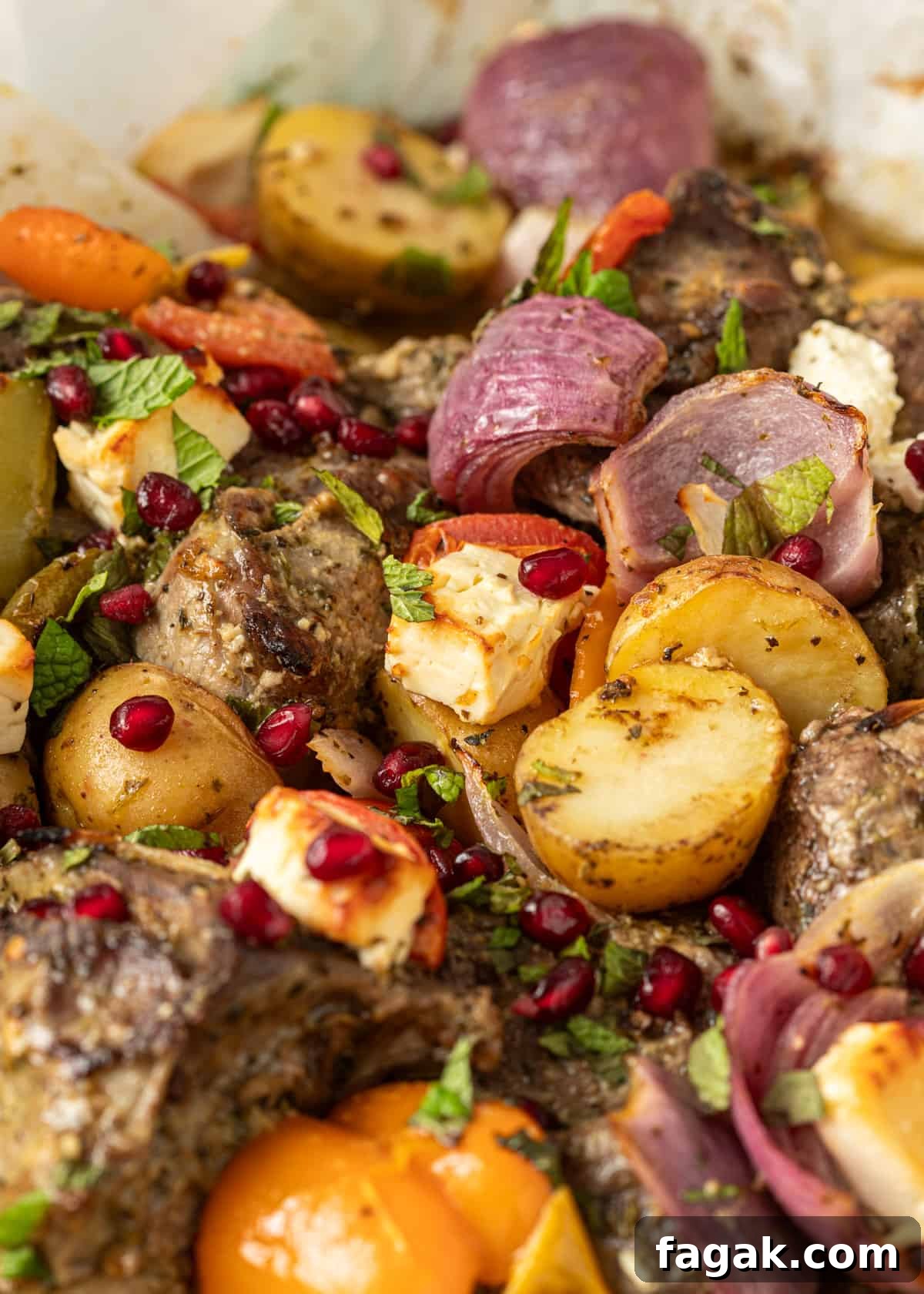 closeup: Greek lamb roasted with vegetables and pomegrante seeds on top