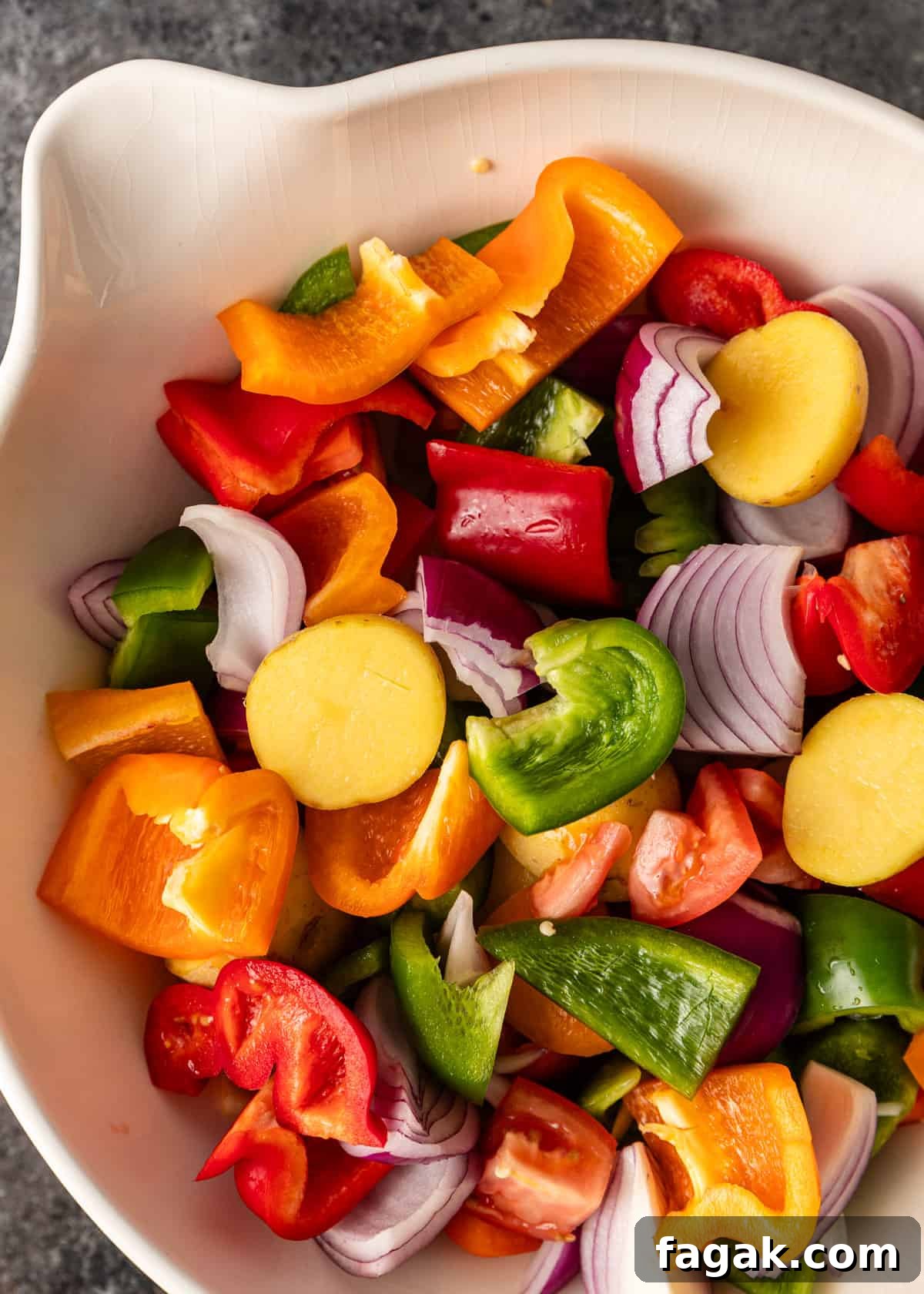 overhead: chopped vegetables in a bowl