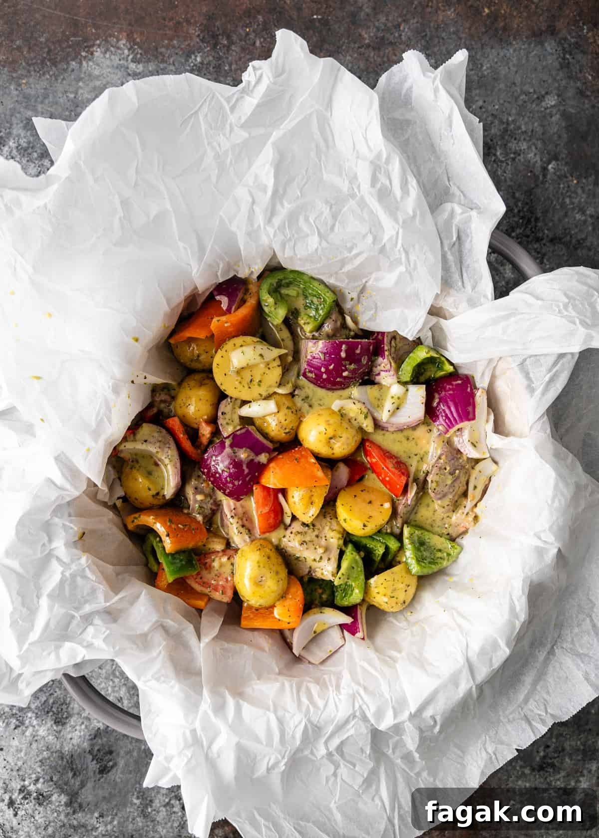 overhead: marinated vegetbales in parment
