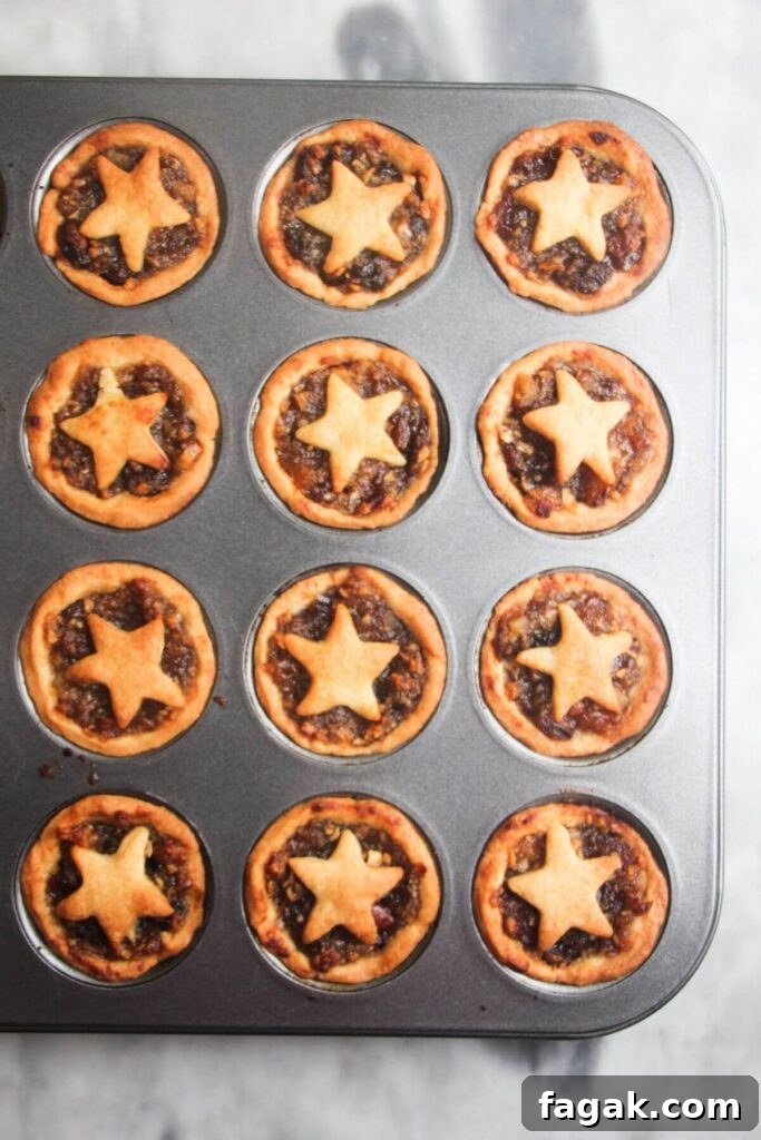 12 cooked, star topped fruit mince pies in mini muffin tin.
