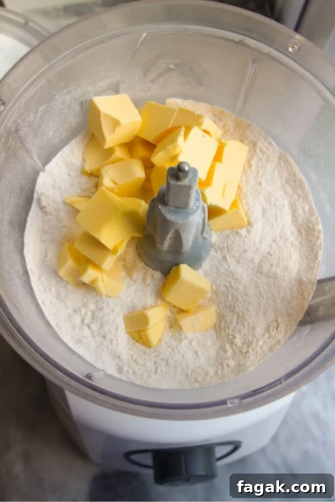 Flour and butter in the bowl of a food processor.