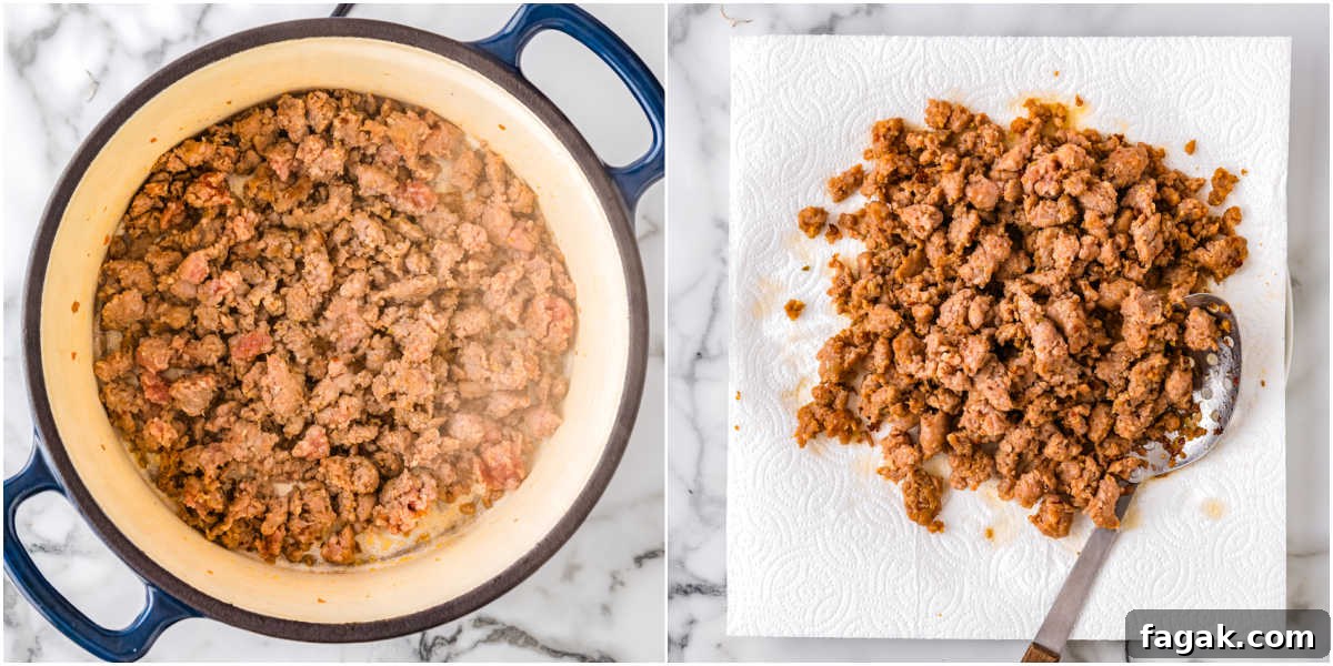 Ground sausage cooking in a pan and draining on paper towels.