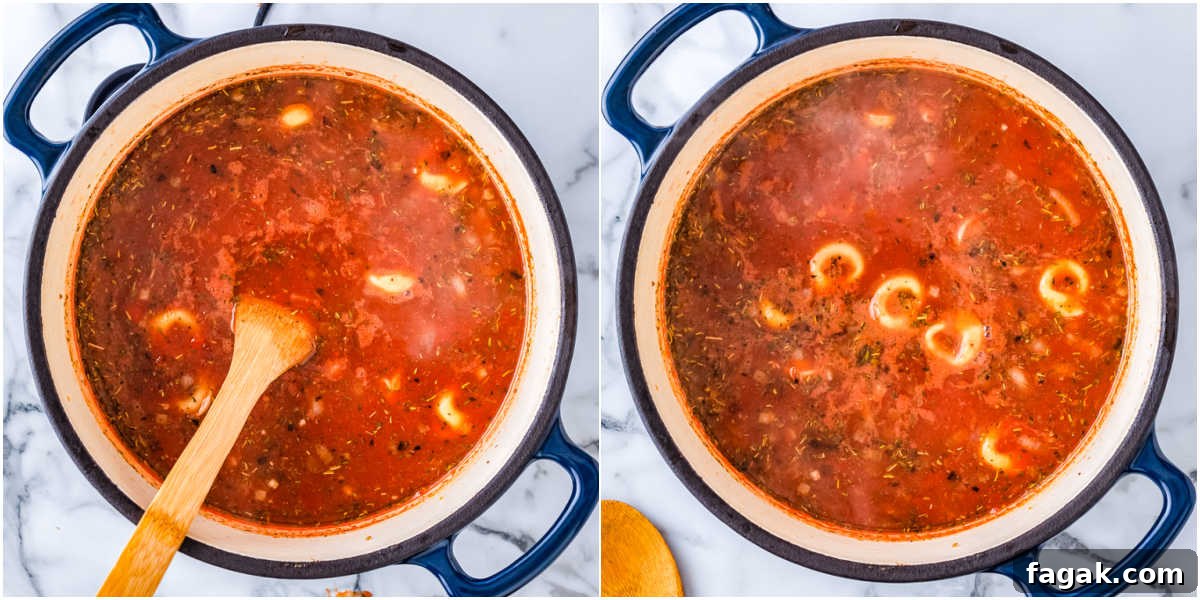 The soup simmering in a pot.