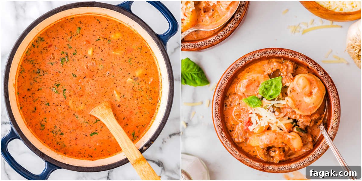 Cream and Parmesan stirred into the soup and served in bowls.