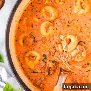 Tomaro Tortellini Soup in a soup pot.
