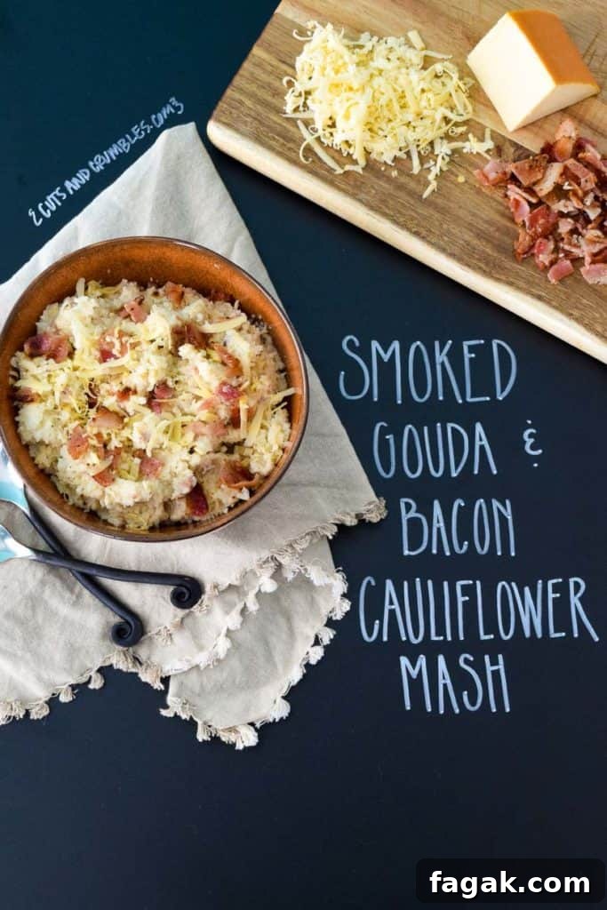 Smoked Gouda & Bacon Caauliflower Mash Recipe 2 Smoked Gouda and Bacon Cauliflower Mash with title written on chalkboard